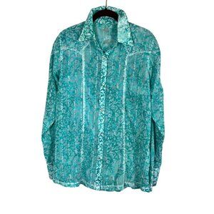 Retro Wrangler Western Floral Shirt L Blue Sheer Tie Dye Pearl Snaps Metallic
